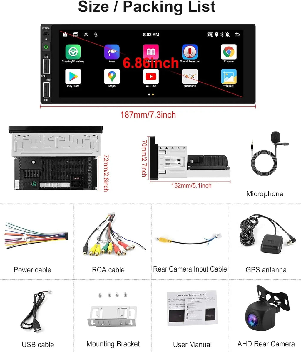 Thonzer 2G+32G Android Single Din Wireless Carplay Car Stereo Android Auto Podofo 6.86 Inch Hd Touch Screen Bluetooth Car Radio In Dash Gps Head Unit With Backup Camera Wifi Subwoofer Hifi Audio