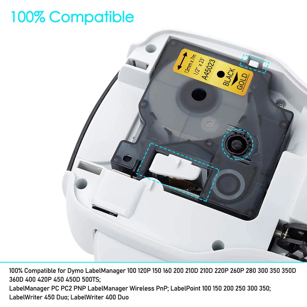 12mm Compatible 7m Gold DYMO 45023 50PK LabelManager for Maker LabelPoint LabelWriter on Label D1 Label Tape Black GREENCYCLE for