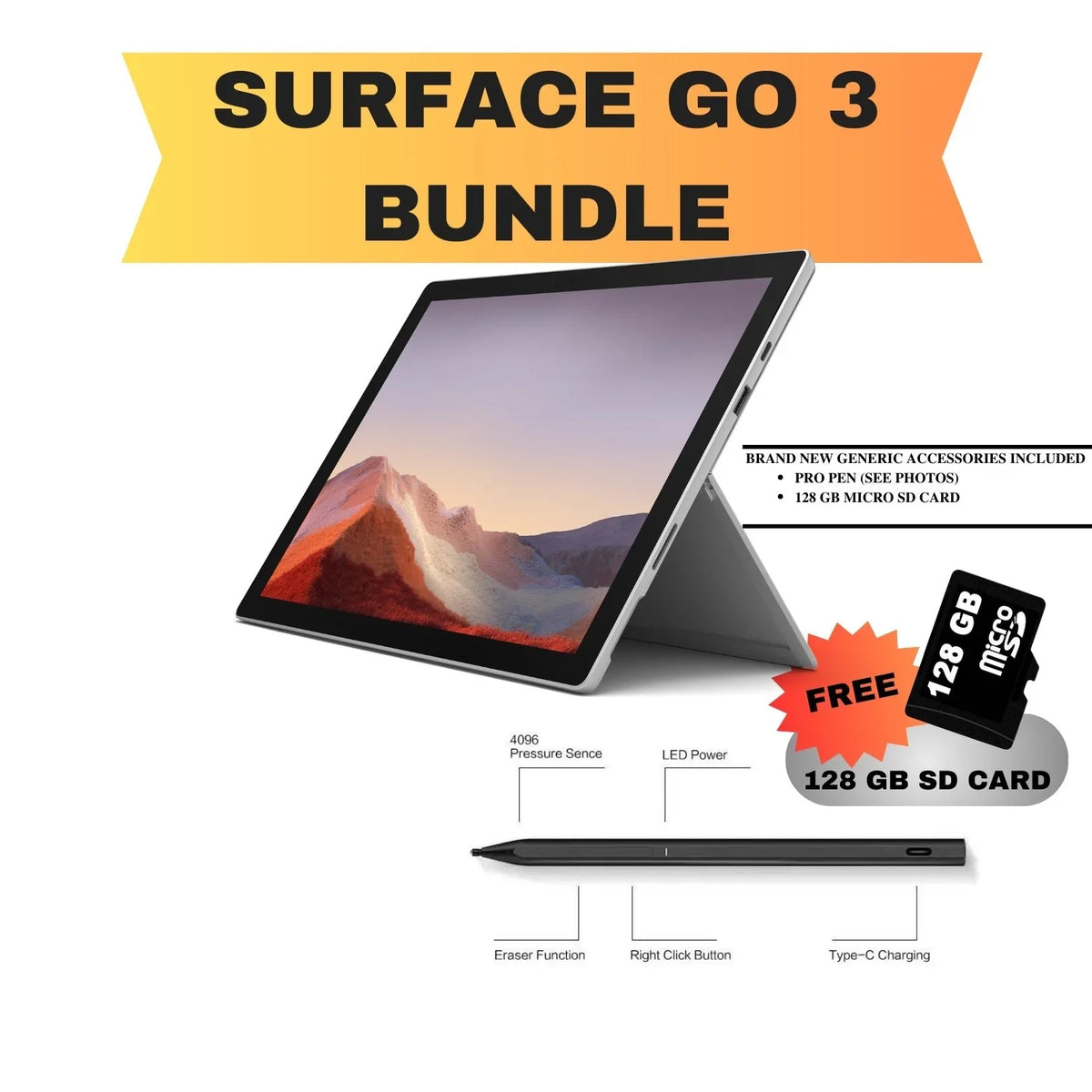 Restored Microsoft Surface Go 3Rd. Generation - 10.5" Intel Pentium Gold 8Gb Ram 128Gb Ssd Only Wifi Bundle Pen+Micro Sd Card (Refurbished)