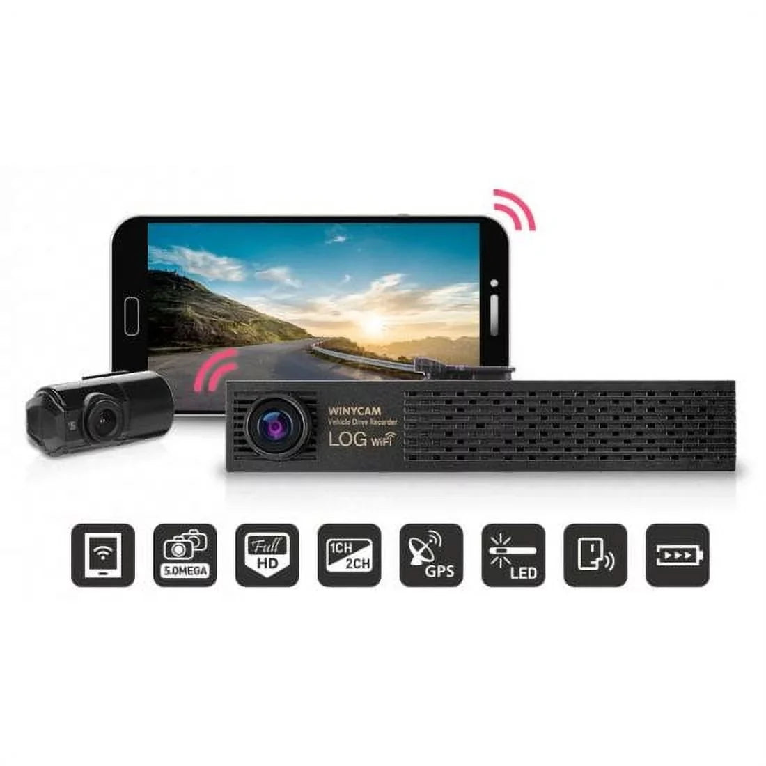 Winytech 1080P Wi-Fi Car Black Box Dash Cam Hd Wide Angle Dual Cameras (Smart Phone Not Included)