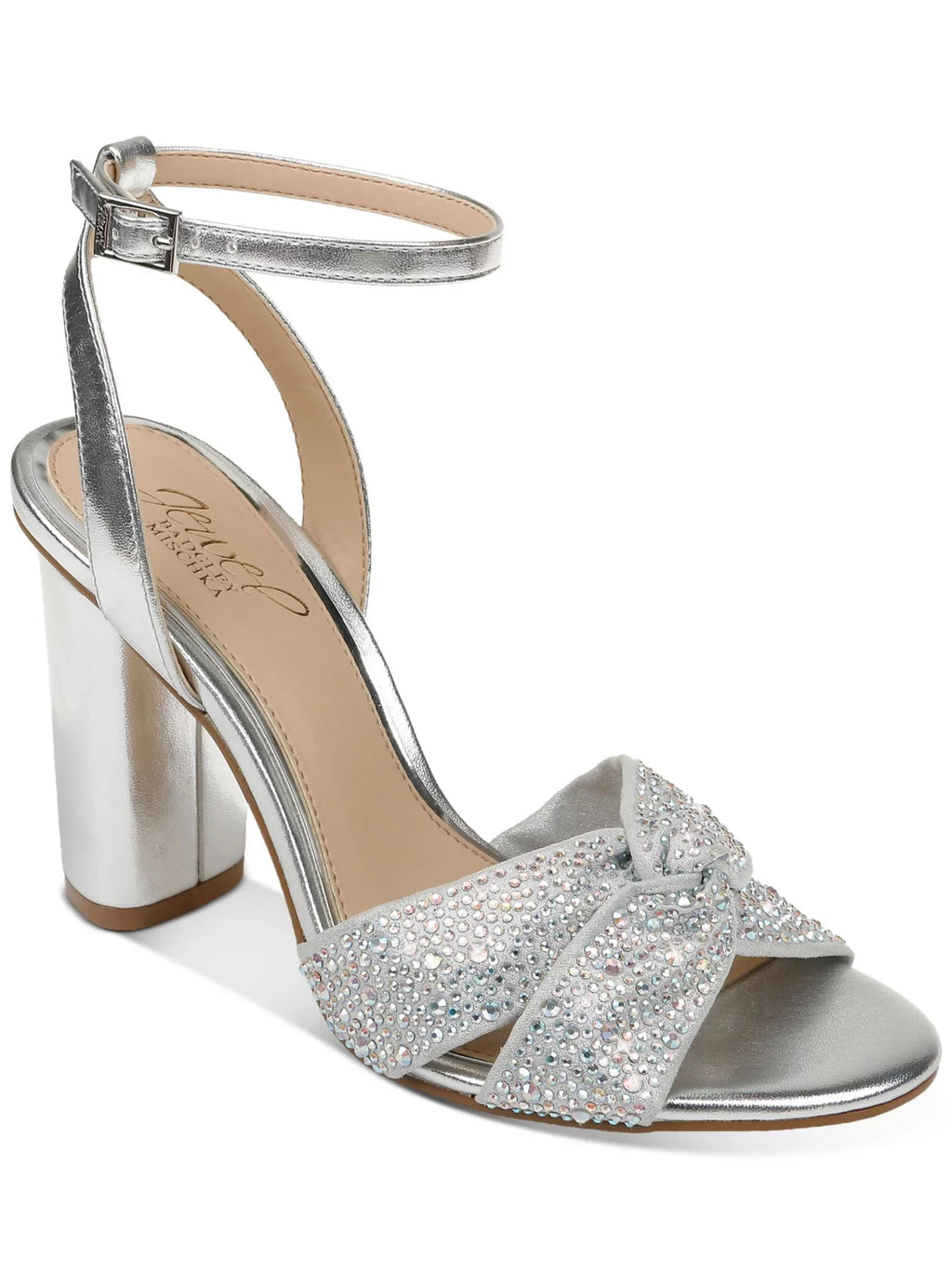 7.5 JEWEL Toe Strap M Womens Nicoline Padded Rhinestone Twisted outfit Block Heel Strap MISCHKA Heeled Silver Metallic Adjustable BADGLEY Buckle Ankle Round Sandal Strap
