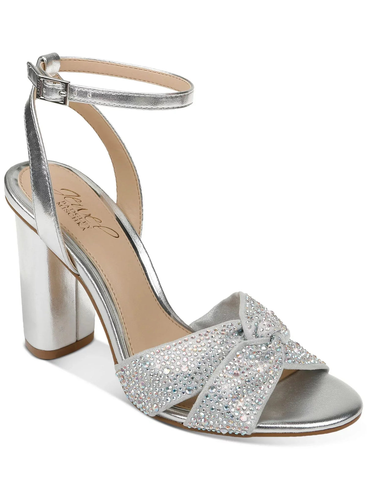 7.5 JEWEL Toe Strap M Womens Nicoline Padded Rhinestone Twisted outfit Block Heel Strap MISCHKA Heeled Silver Metallic Adjustable BADGLEY Buckle Ankle Round Sandal Strap