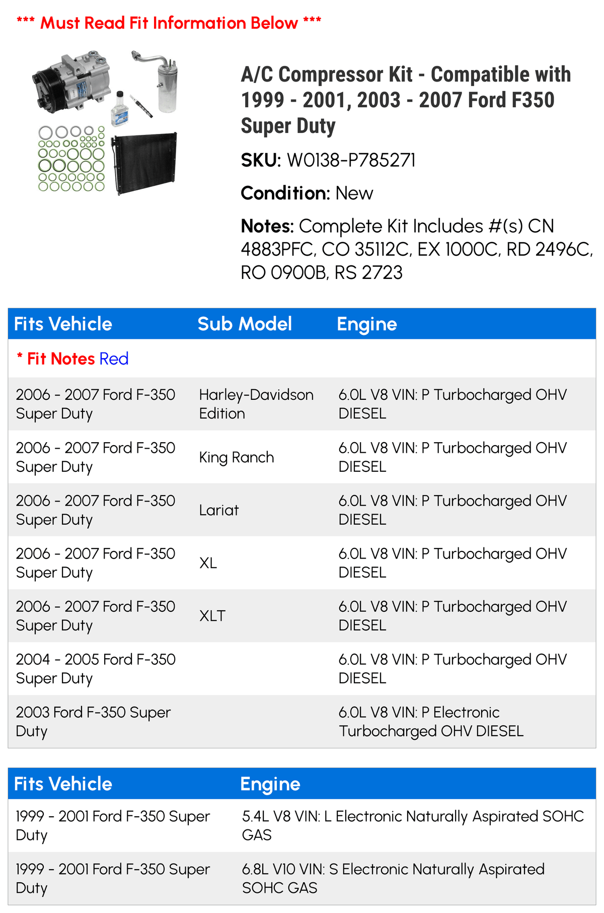 A/C Compressor Kit - Compatible With 1999 - 2001, 2003 - 2007 Ford F350 Super Duty 2000 2004 2005 2006