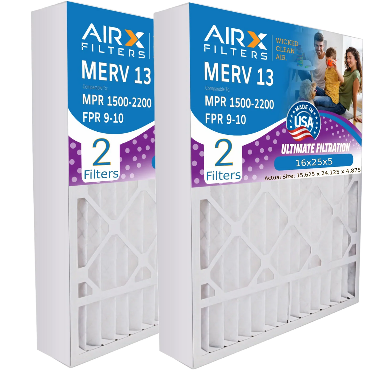 CLEAN Made 16x25x5 Pack - Compatible Air by FILTERS MERV 9 Bear 255649-105 AIR. MPR FPR AIRX Comparable 13 Furnace 16x25x5 1500 2 Filter Filter 2200 Air USA & with to WICKED Premium