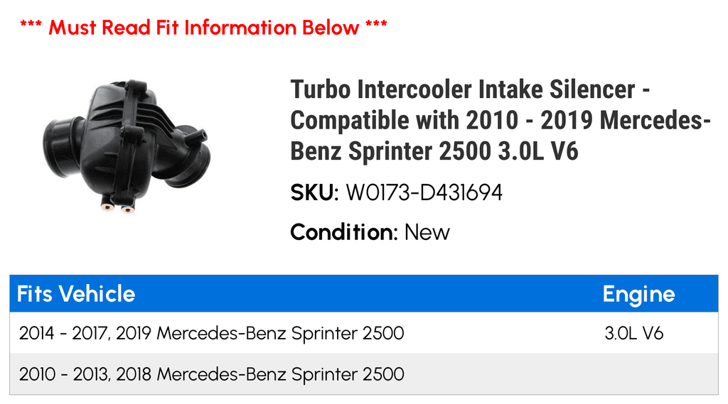 Turbo Intercooler Intake Silencer - Compatible With 2010 - 2019 Mercedes-Benz Sprinter 2500 3.0L V6 2011 2012 2013 2014 2015 2016 2017 2018