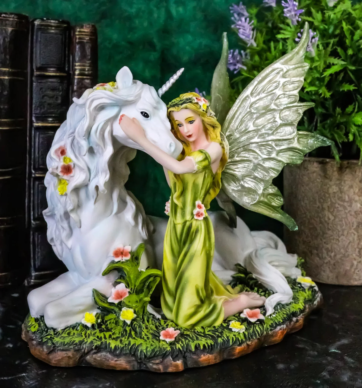 Green White With Floral Earth Figurine Gaia Unicorn Rare Statue Fairy 7"L Decor