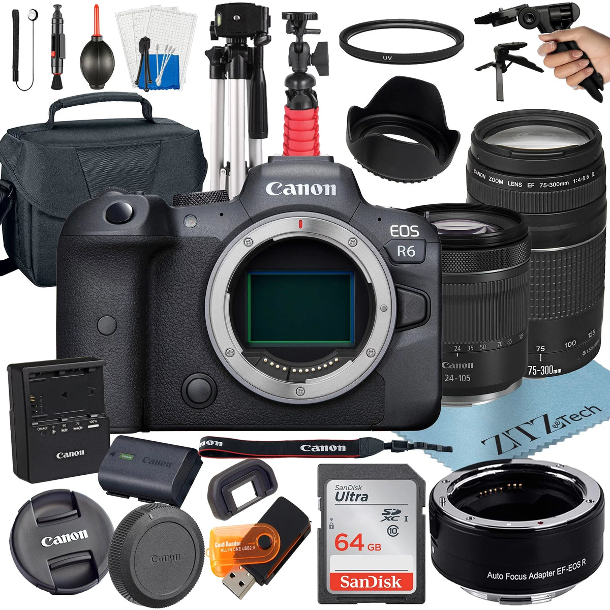 Canon Eos R6 Mirrorless Camera With Rf 24-105Mm Stm + 75-300Mm Lens + Mount Adapter + 64Gb Sandisk + Zeetech Accessory