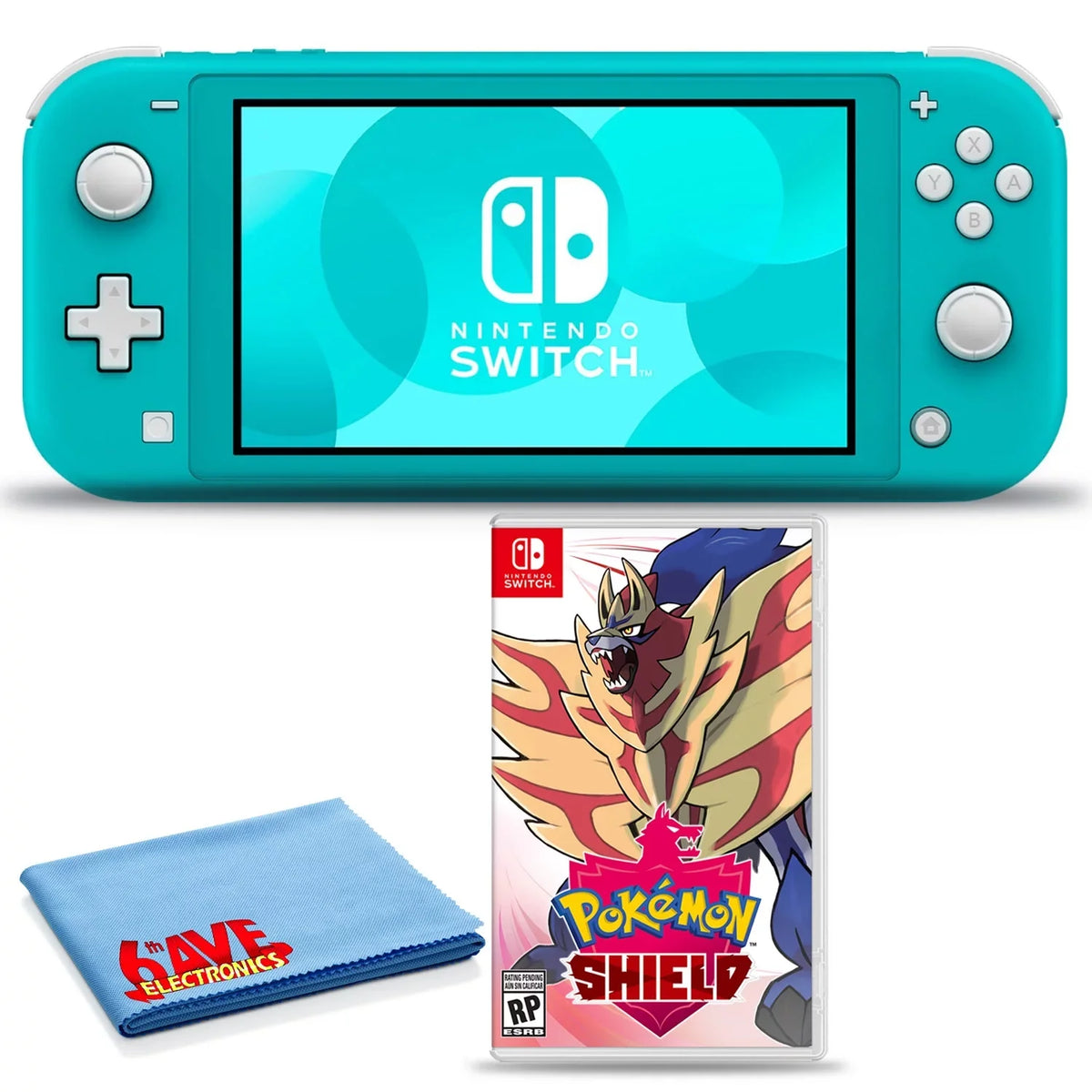 Pokemon Nintendo Lite Switch + Shield with (Turquoise) Cleaning Cloth 6Ave Bundle
