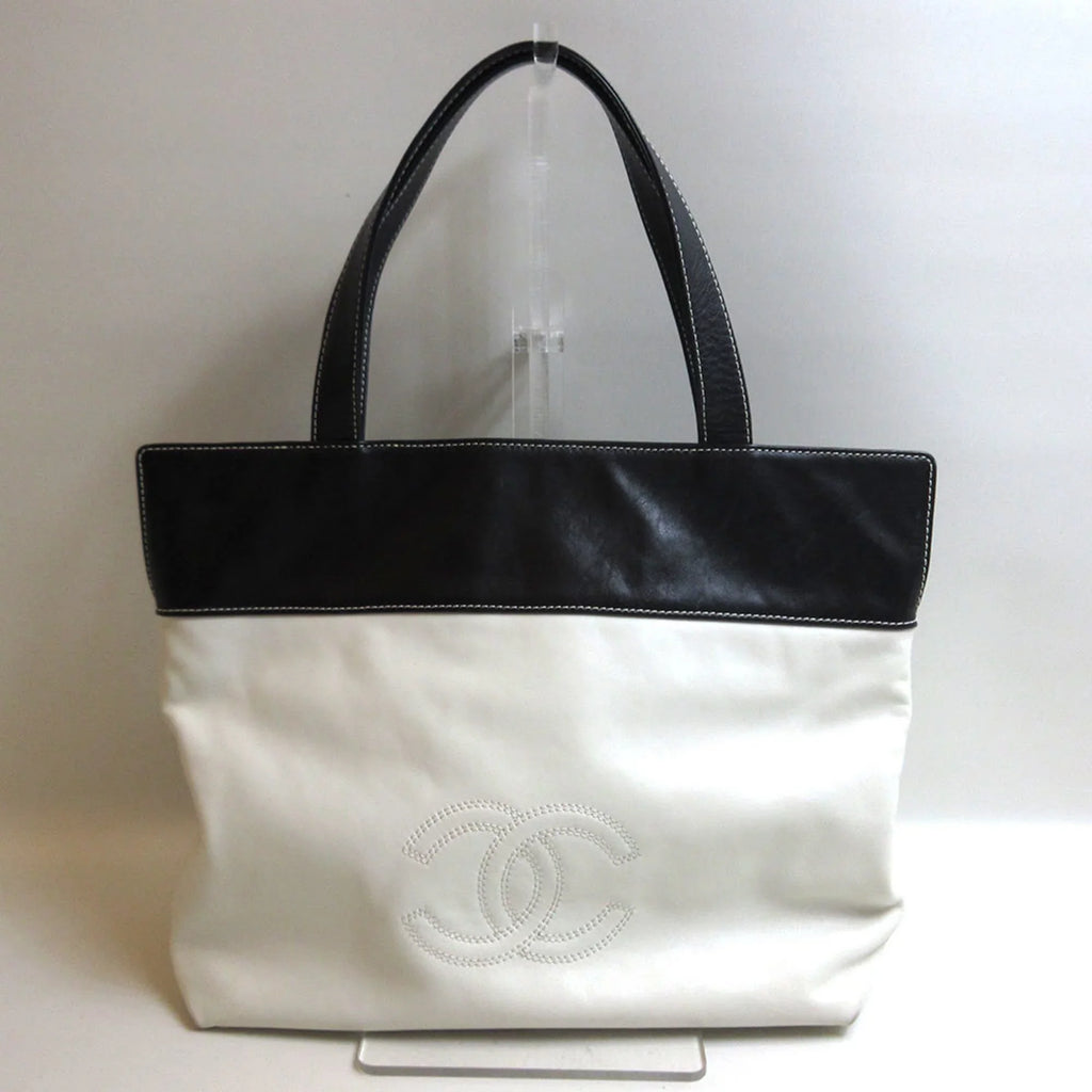 leather white Pre-Owned tote bag black (Good) bicolor