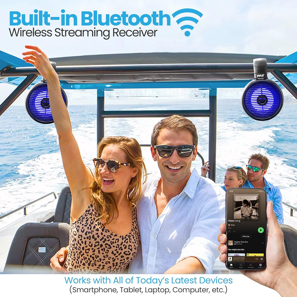 Pyle 6.5" Marine Wakeboard Bluetooth Speaker, Water Resistant 2-Way Mini Box Speaker System with LED Lights, Full Range Sound, ABS Construction for Boat or Off-Road Use, 9.45âx8.39âx12.48â Inch