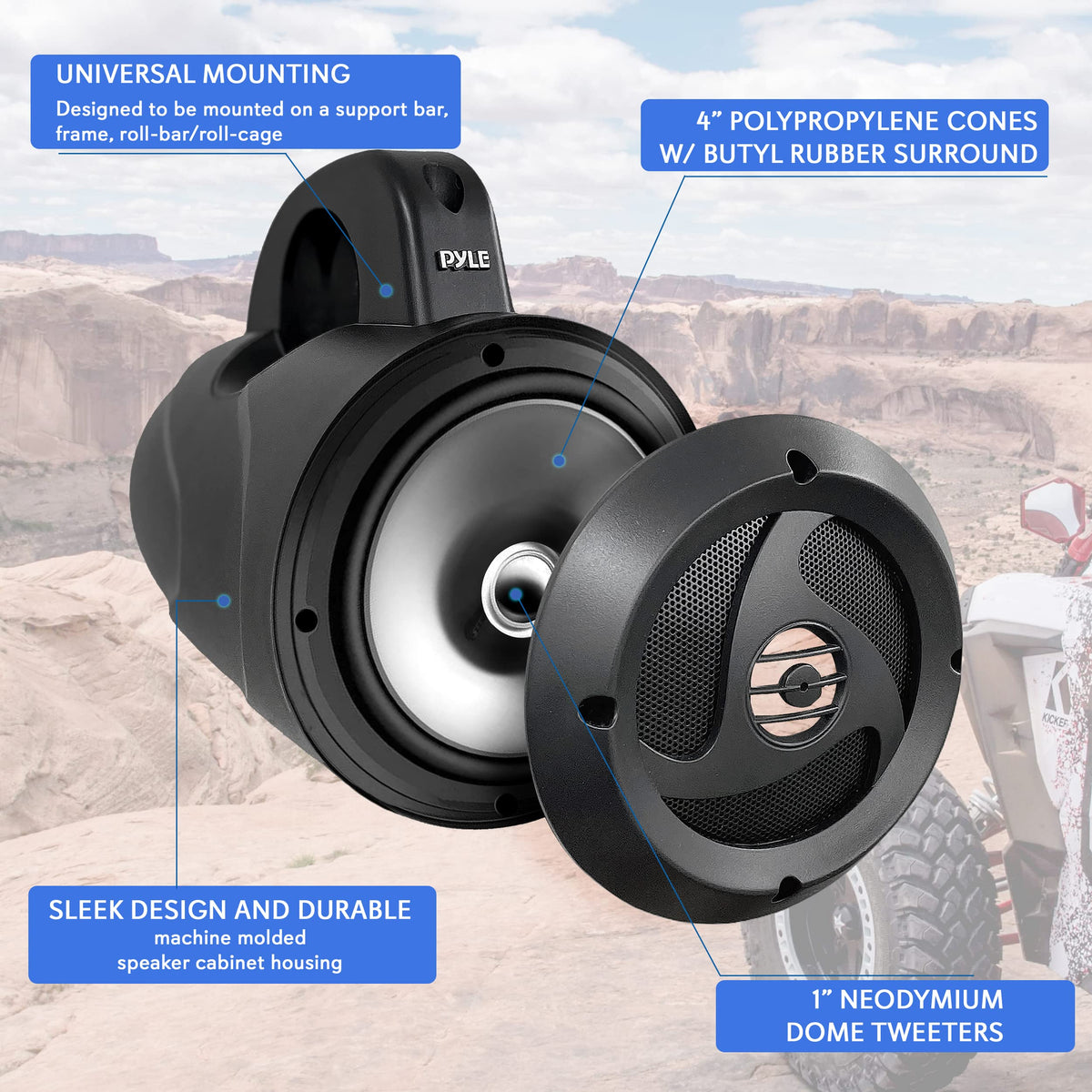 Pyle Waterproof Speakers Setup, 6.5" Outdoor Speaker Pair with 1300 W Power, UTV Sound for Off-Road Use, Marine Setup for Boats, Wired Audio System for ATV and All-Terrain Entertainment