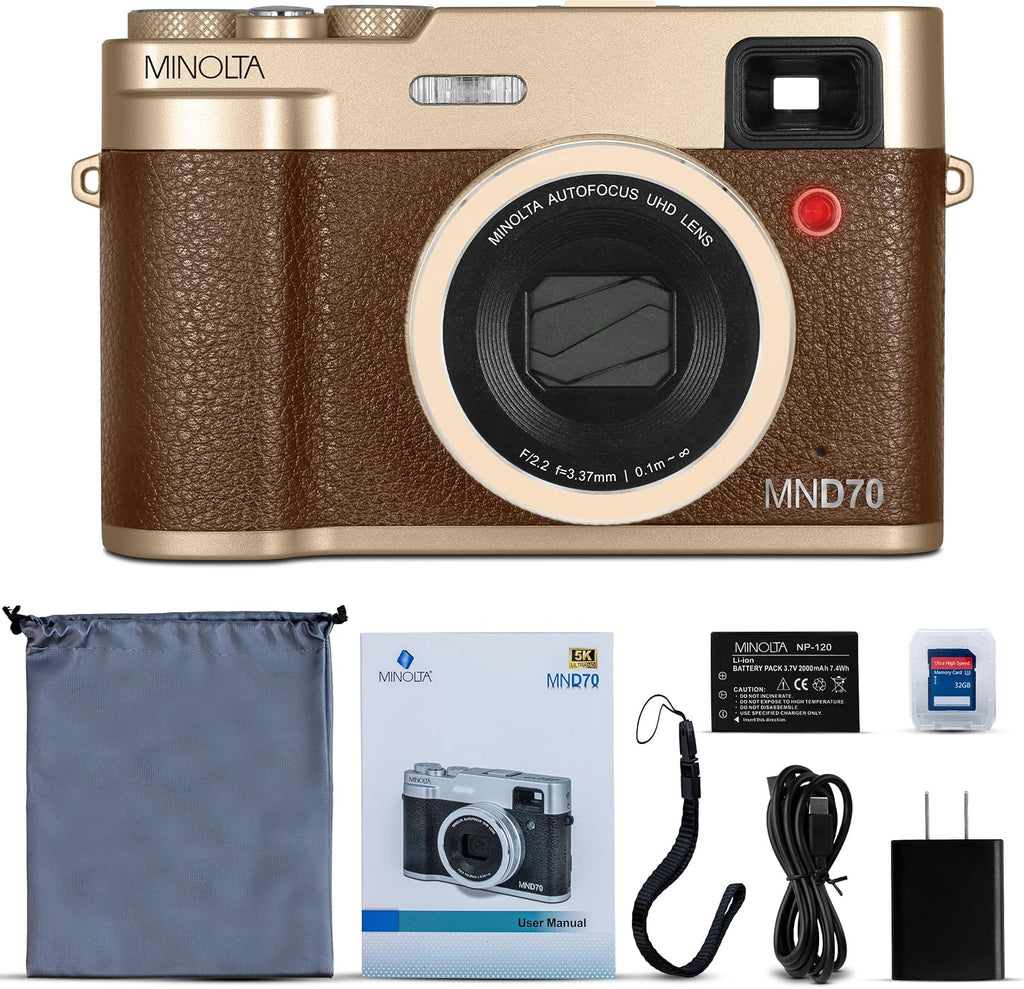 Minolta MND70 Retro 48MP Wi-Fi 5K Ultra HD Dual Lens Digital Camera - Gold/Brown