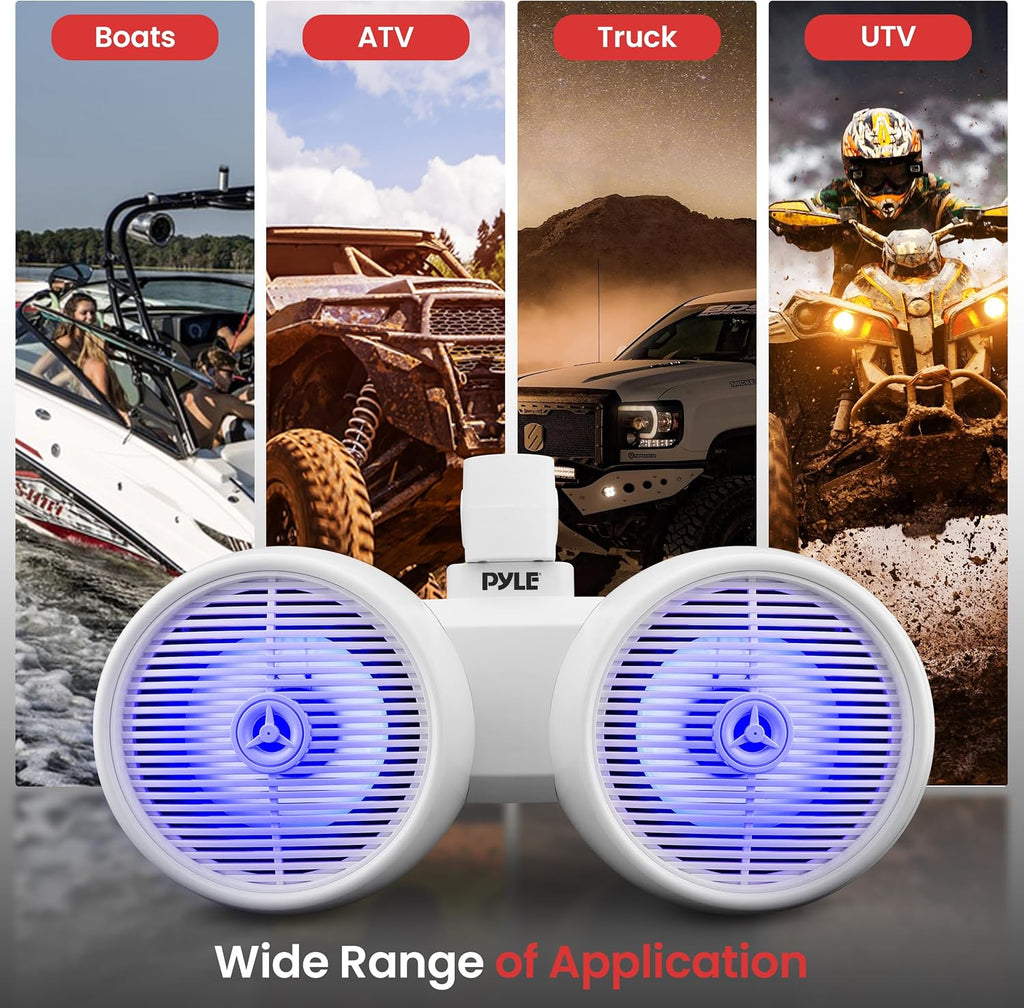 Pyle Dual Bluetooth Off-Road Speakers - 8â 300W 2-Way Marine Waterproof Wakeboard Tower Sound System w/LED Light, Full Range Outdoor Stereo Speaker for Car ATV Jeep Boat, Includes Brackets (White)