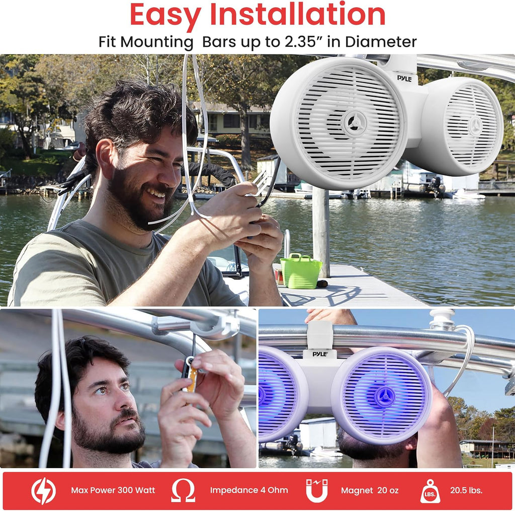 Pyle Dual Bluetooth Off-Road Speakers - 8â 300W 2-Way Marine Waterproof Wakeboard Tower Sound System w/LED Light, Full Range Outdoor Stereo Speaker for Car ATV Jeep Boat, Includes Brackets (White)
