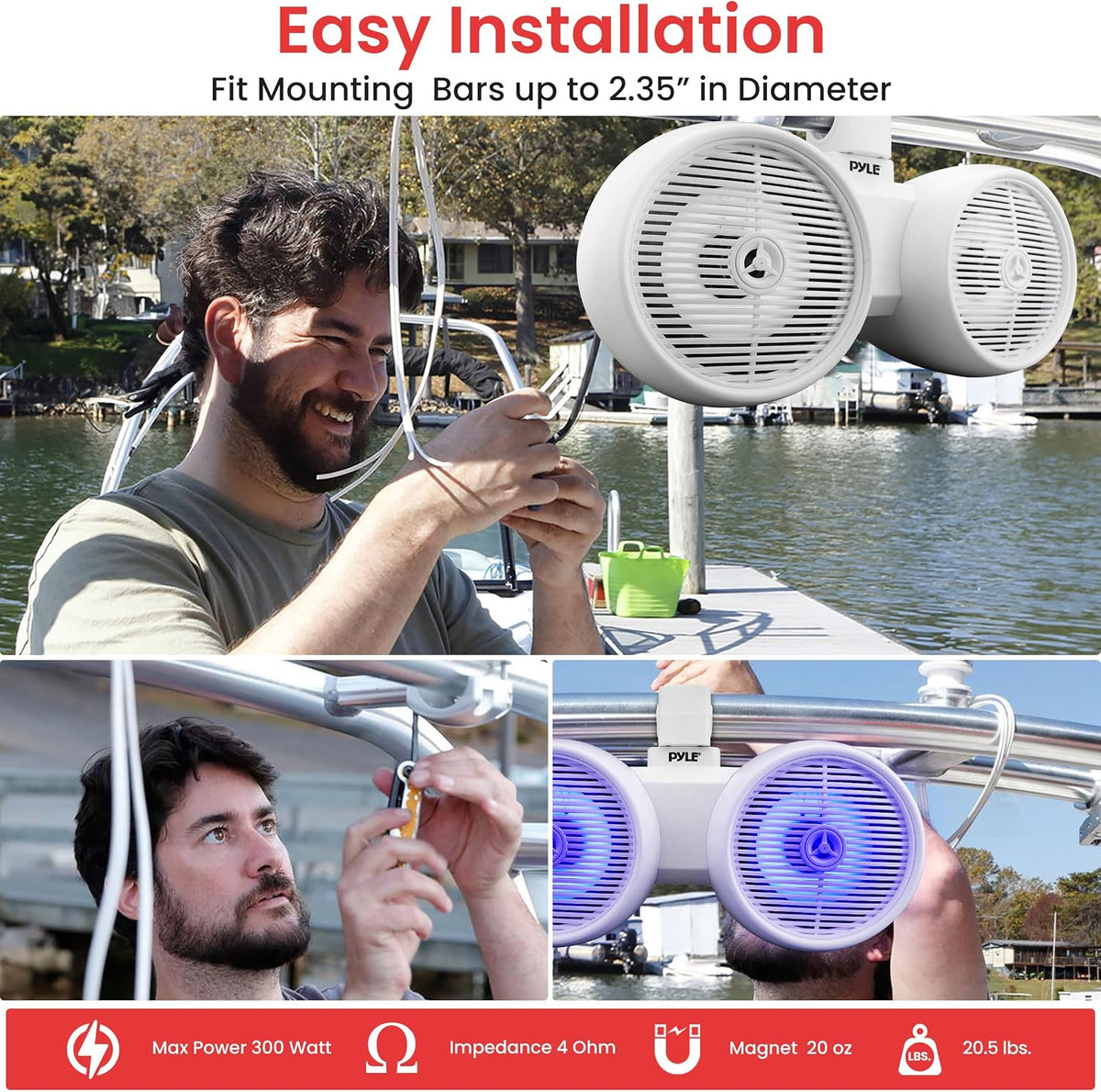 Pyle Dual Bluetooth Off-Road Speakers - 8â 300W 2-Way Marine Waterproof Wakeboard Tower Sound System w/LED Light, Full Range Outdoor Stereo Speaker for Car ATV Jeep Boat, Includes Brackets (White)
