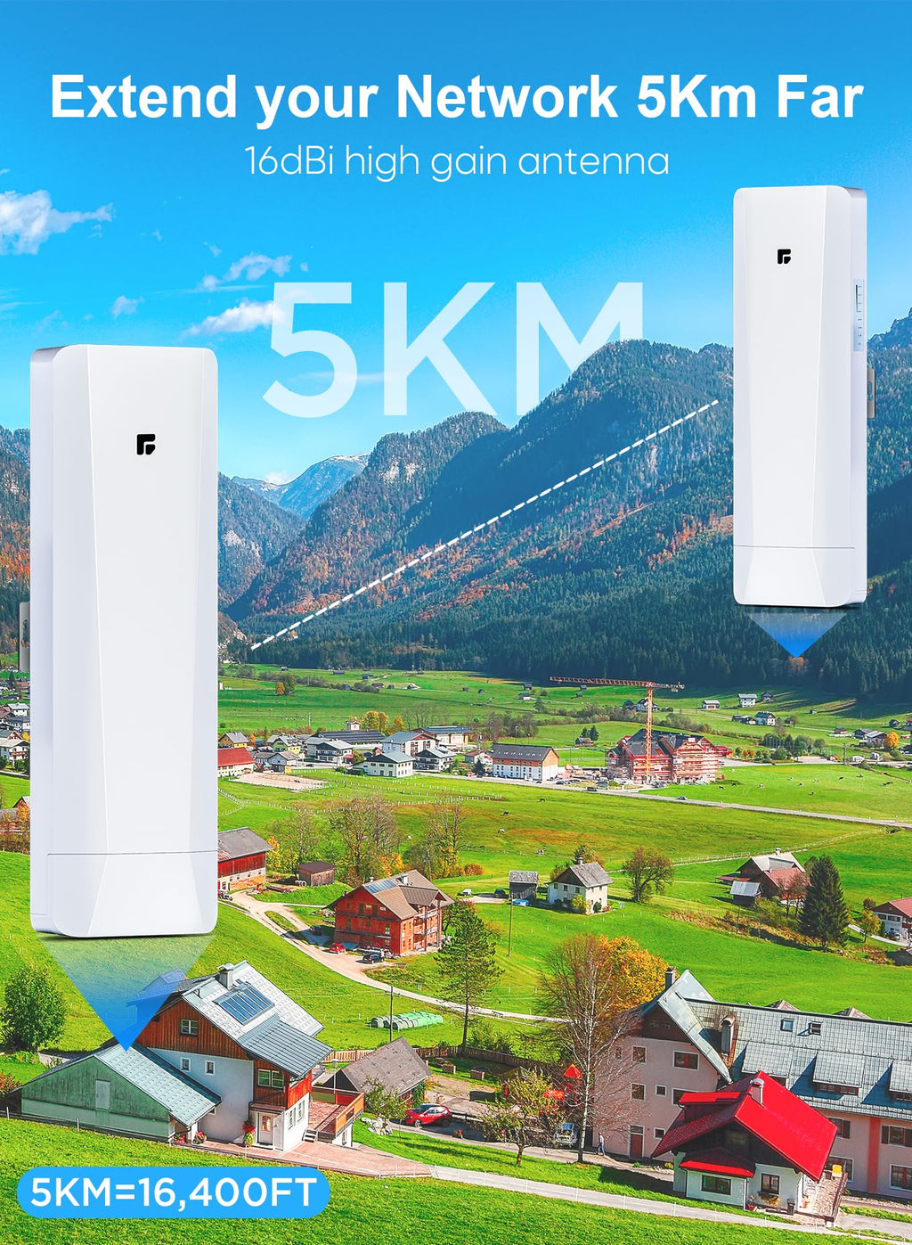 Wireless Bridge, Pre-Configured 2 Pack Long Range WiFi Bridge for Point to Point, 5Ghz High-Speed Network Bridge with Hotspot, for Stores, Barn, Garage, Building, 100/1000Mbps LAN Port. 2 Pack(5KM)