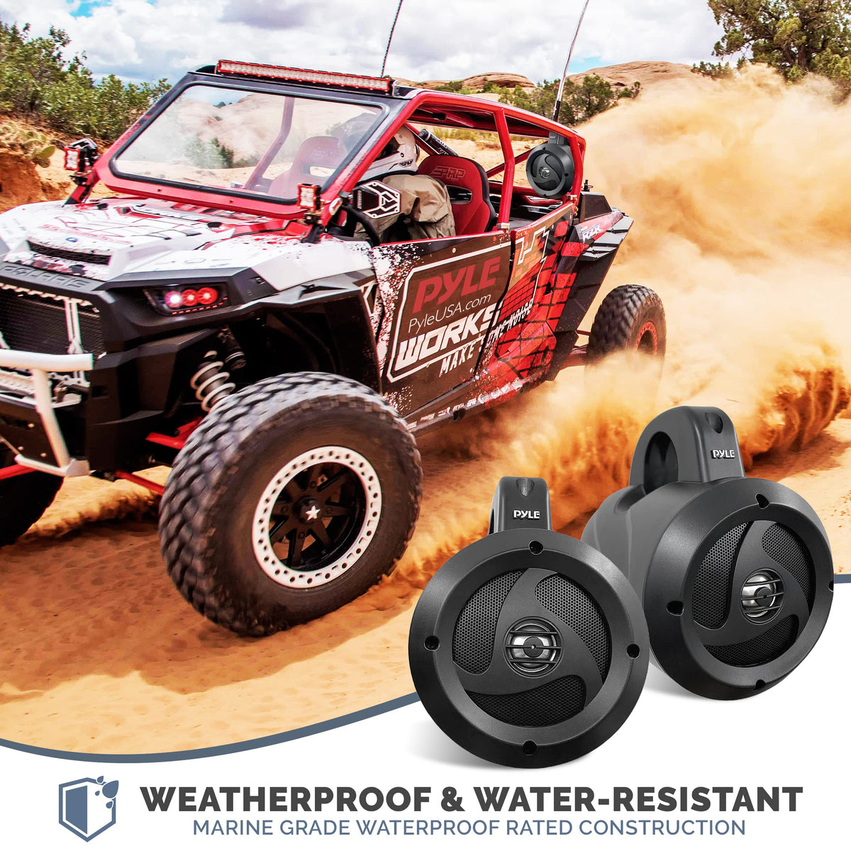 Pyle Waterproof Speakers Setup, 6.5" Outdoor Speaker Pair with 1300 W Power, UTV Sound for Off-Road Use, Marine Setup for Boats, Wired Audio System for ATV and All-Terrain Entertainment