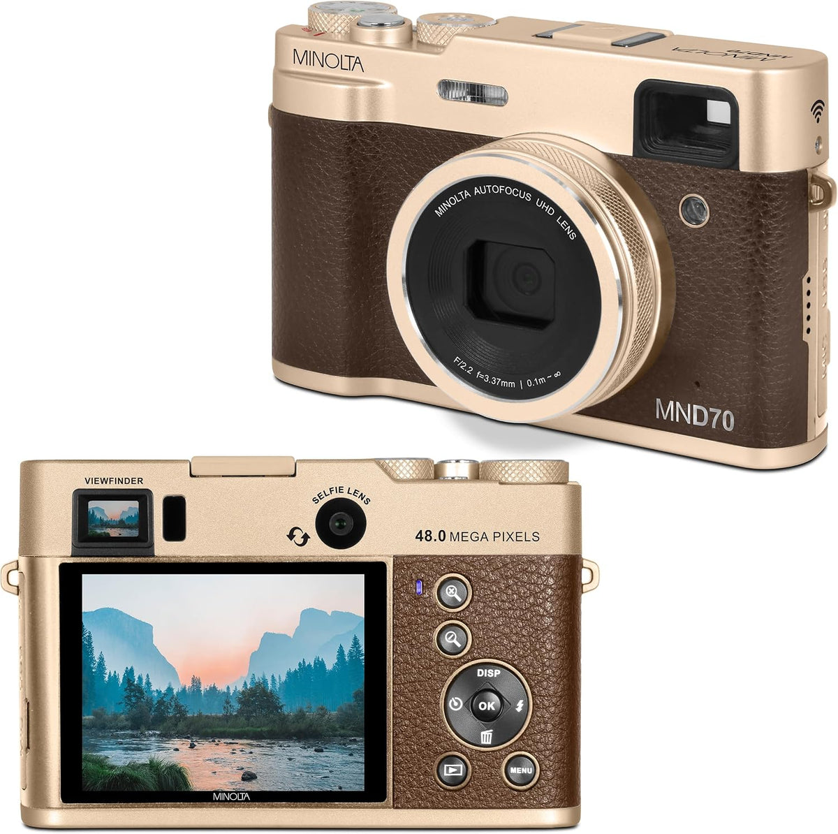 Minolta MND70 Retro 48MP Wi-Fi 5K Ultra HD Dual Lens Digital Camera - Gold/Brown