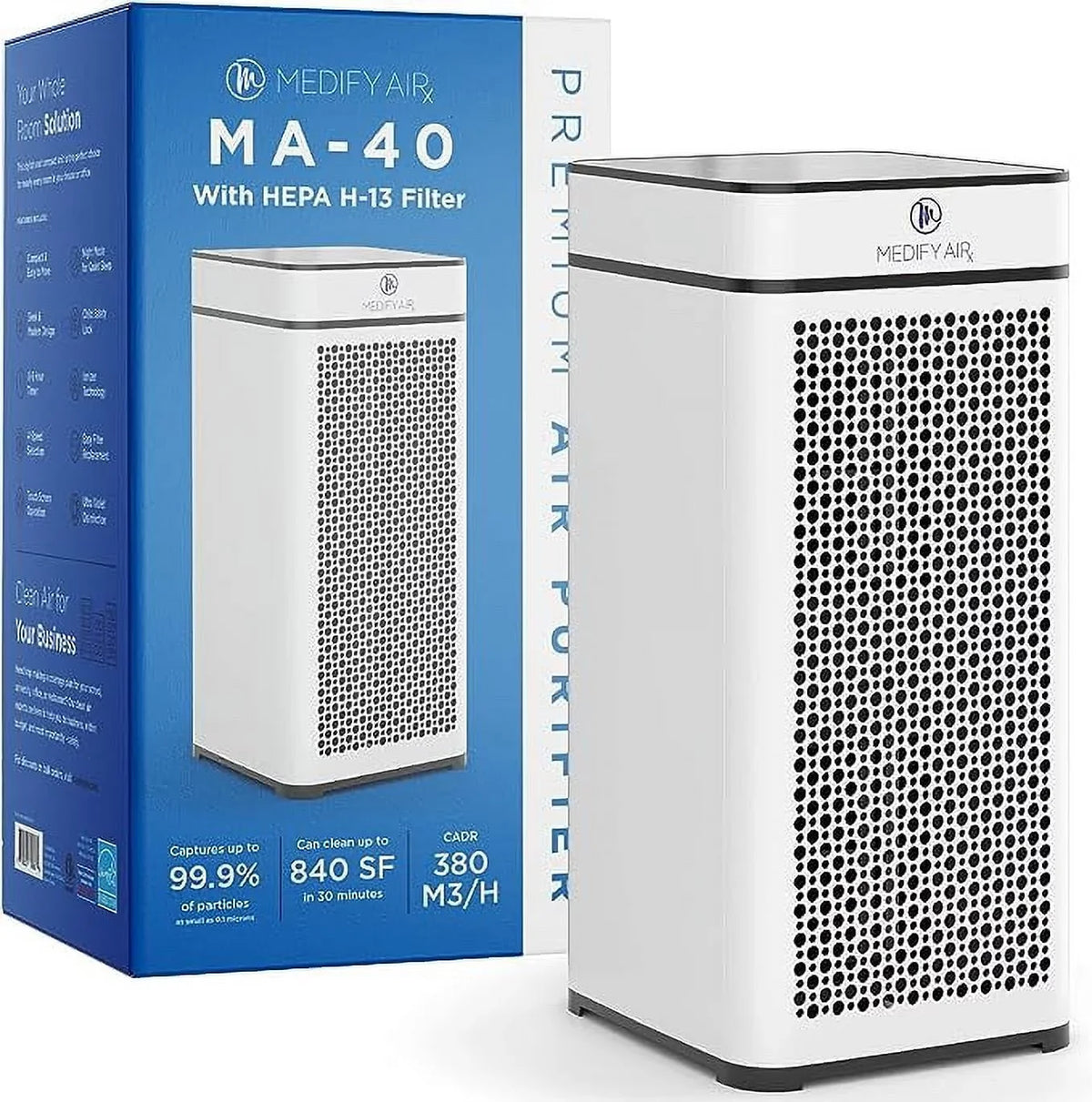 Box True 840 Open H14 Medify Filter - sq HEPA Light MA-40-UV-W1 ft Purifier Air White UV