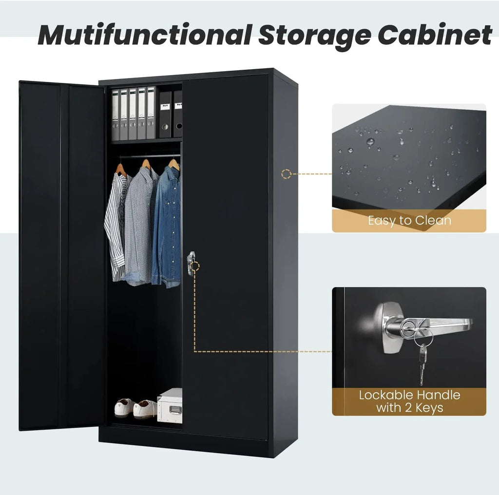 Hoomhibiu Metal Cabinets Locker With Locking Door 72'' Clothing Coat Steel Wardrobe Cabinet With Lock And Shelves For Office Home Garage Employee Freestanding (Black)