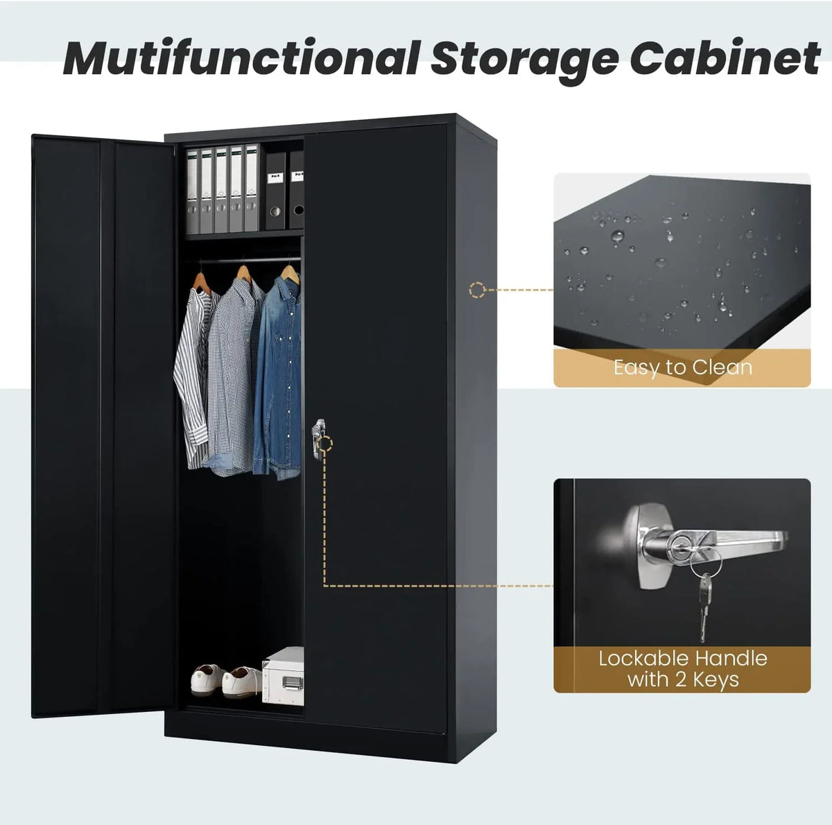 Hoomhibiu Metal Cabinets Locker With Locking Door 72'' Clothing Coat Steel Wardrobe Cabinet With Lock And Shelves For Office Home Garage Employee Freestanding (Black)