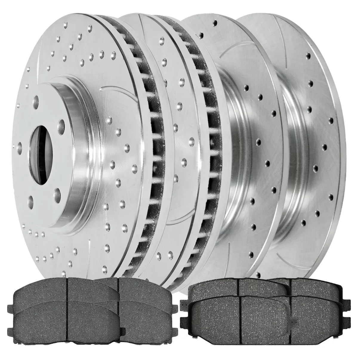 Autoshack Front And Rear Drilled Slotted Brake Rotors Silver And Ceramic Pads Kit Replacement For Vw Routan 2012-2020 Dodge Grand Caravan Journey 2012-2016 Chrysler Town & Country 2013-2015 Ram C/V V6