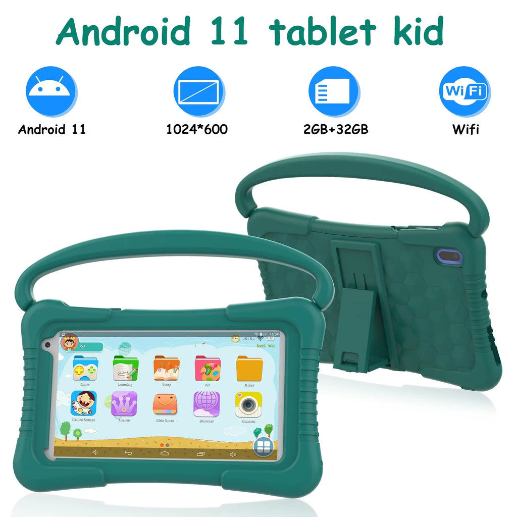 7 Inch Kids Tablet, Quad Core Android 11 Toddler Tablets, Children Tablet With 32Gb Storage 2Gb Ram Wifi Bt Shockproof Case Dual Camera Educationl Games Parental Control, Kids Software Pre-Installed.