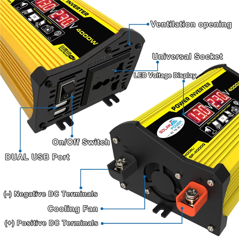 Power DC12Volt Display Inverter AC110220Volt SineWave Car To Gecheer Modified Inverter Inverters Portable Dual Inverters 4000W Transformer Auto USB