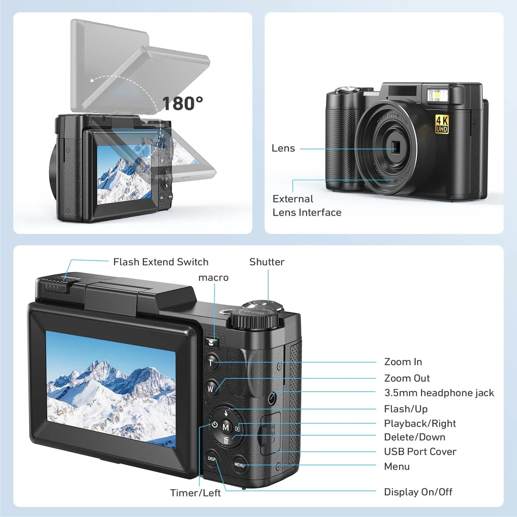 3’’ 4K Camera Digital Screen Vlogging Function Flash, Photography with Liftable 16X & Digital Camera YouTube Zoom Camera for Macro 48MP 180°Flip MARVUE