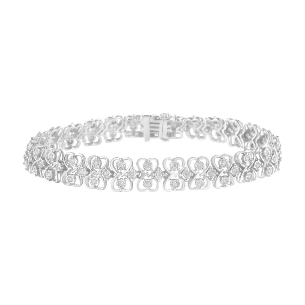 .925 Sterling Silver 1.0 Cttw Round-Cut Diamond 2-Row Heart Link Tennis Bracelet (I-J, I2-I3) - 7"