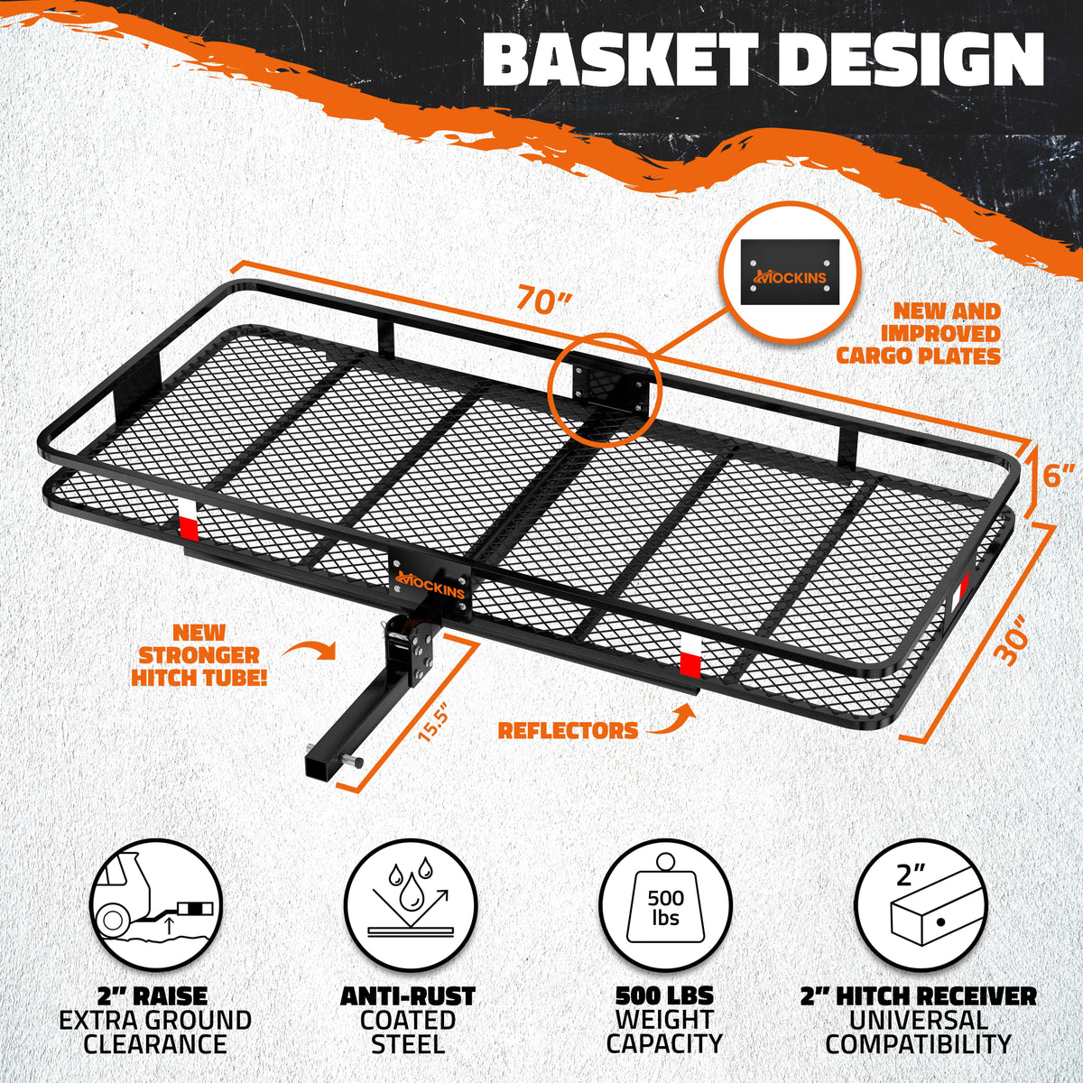 500lbs Bag Mockins | & Foldable Arm Hitch Cap. Basket XXL 70"x30"x6" Cargo Hitch 40 Carrier Hitch Trailer with CF Mount