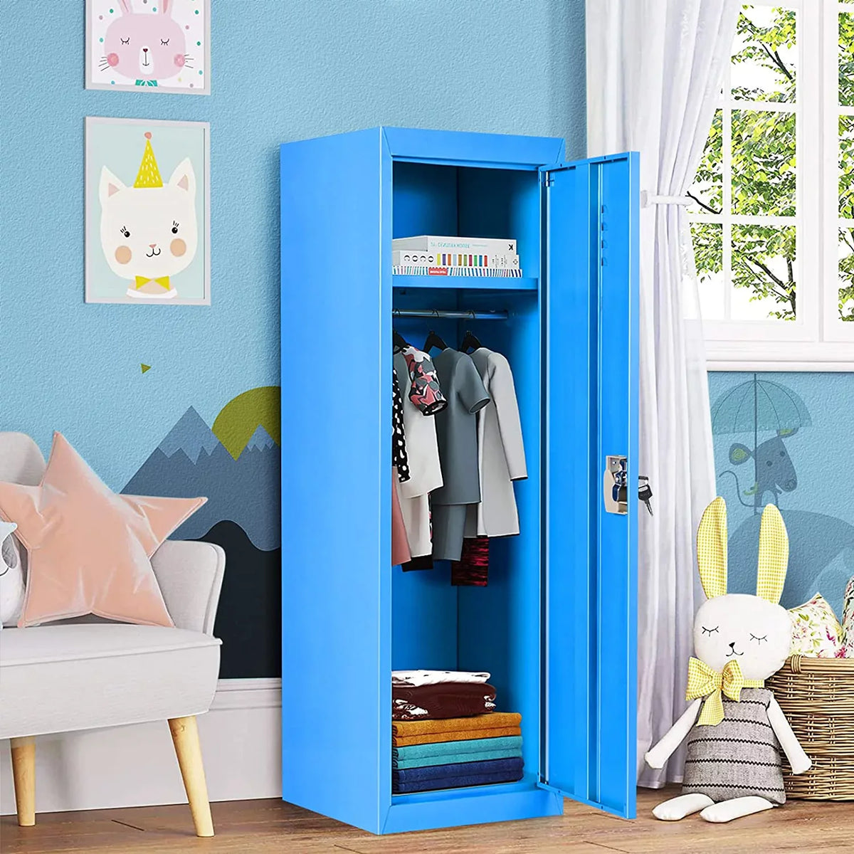 48" Kids Locker Cabinet, Daycare Metal Coat Locker W/Hanging Rod & Shelf For Kids Room Bedroom School Classroom, 2-Tier Storage Locker W/ 2 Keys For Toys, Clothes, Sports Gear