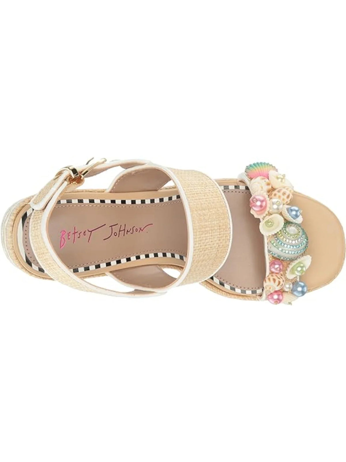 10 Beige Platform Sandal Mixed Woven Heel Toe Shellie Embellished 2" M JOHNSON Buckle Slingback BETSEY Media Round Block Womens