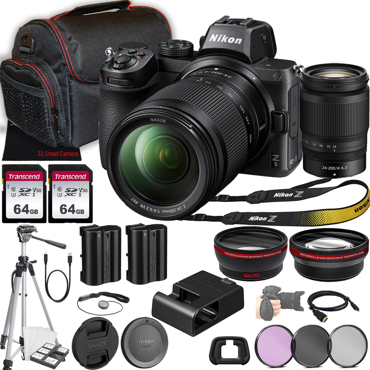 (30pc + + Tripod 3 Filter + Nikon Mirrorless 128GB Memory Bundle) More + Camera + VR Piece 24-200mm f/4-6.3 Z Case Lens Z5 w/NIKKOR Kit