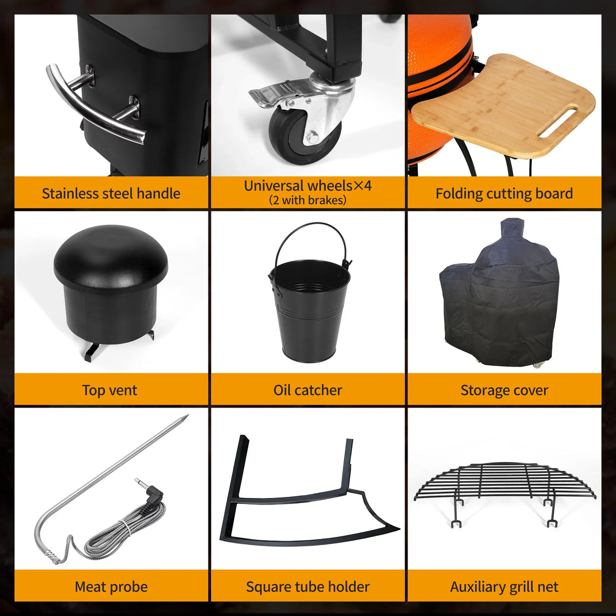 Patio,Orange diameter Roasted 24 Double Pan-roasted Smoked Liner Pellet Ceramic Grill BBQ Gridiron Outdoors with "Ceramic 4-in-1 for 19.6"