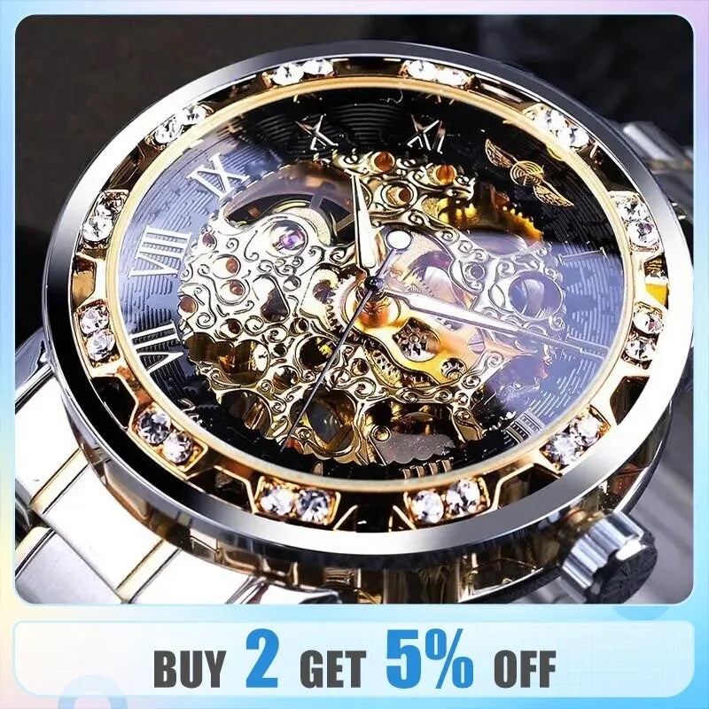 Gift Silver Gold White Movement Diamond Wrist Gear Skeleton Watch 1pc Luxury Men Exquisite Mechanical Business