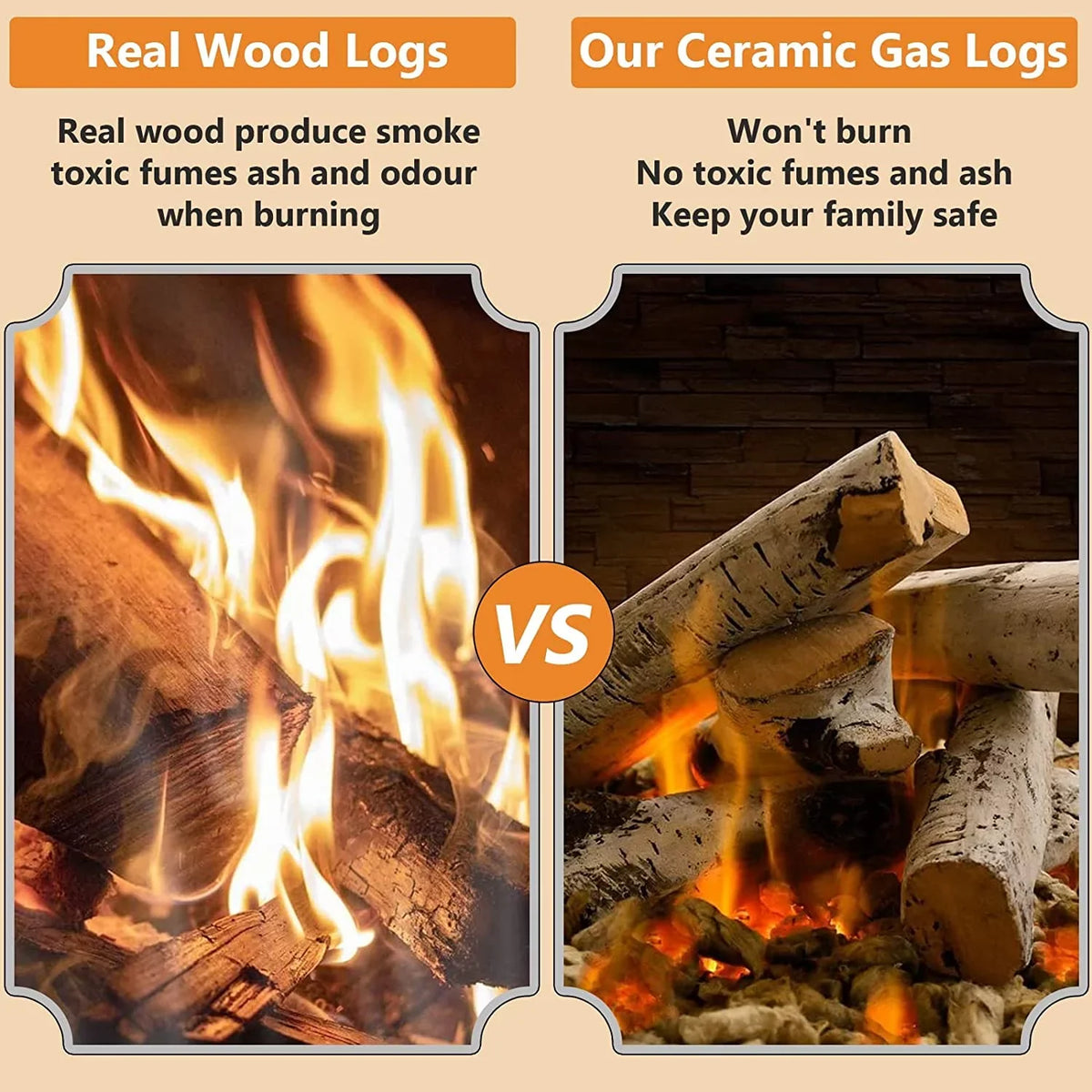 Grisun 26.8" Large Gas Fireplace Logs, Ceramic White Birch Wood Logs For Indoor Inserts, Outdoor Firebowl, Fire Pits, Vented, Propane, Gel, Ethanol, Electric, Realistic Fireplace Decoration, 6 Pcs