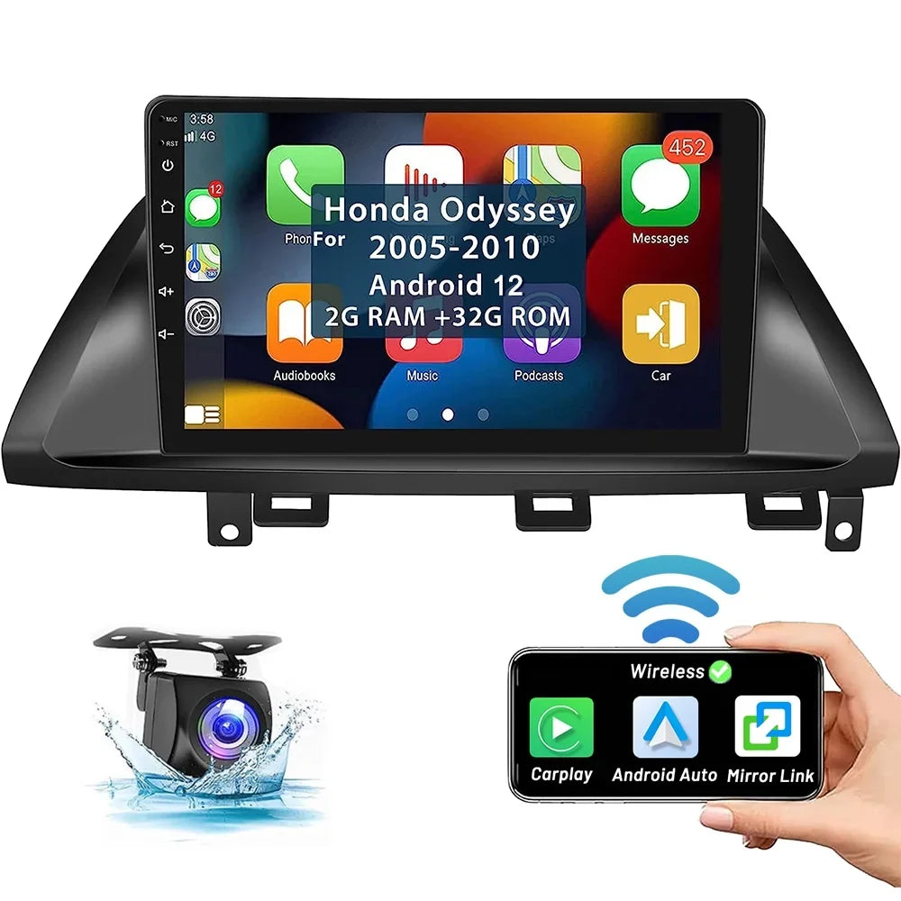 Odyssey for Camera Podofo FM Wireless 12 Android Android Screen Auto Car 10'' Mirror Hifi 2+32G Honda Bluetooth Cable,AHD GPS WIFI Link Carplay 2005-2010 Backup Touch Radio Stereo USB