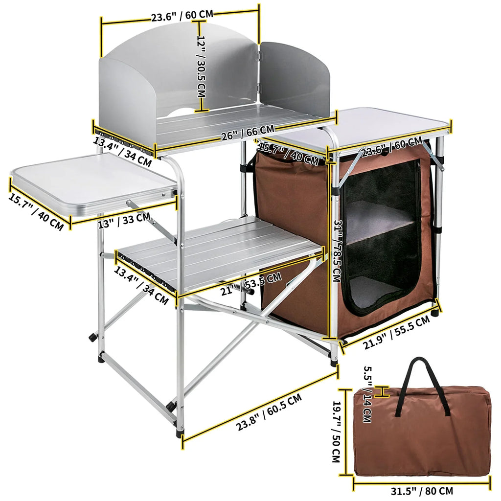 Camp Bag 2-Tier, Folding exterior Table Party, Zippered Color, Table Camping Table BBQ, SKYSHALO Cook Portable Camping, with for Brown Kitchen