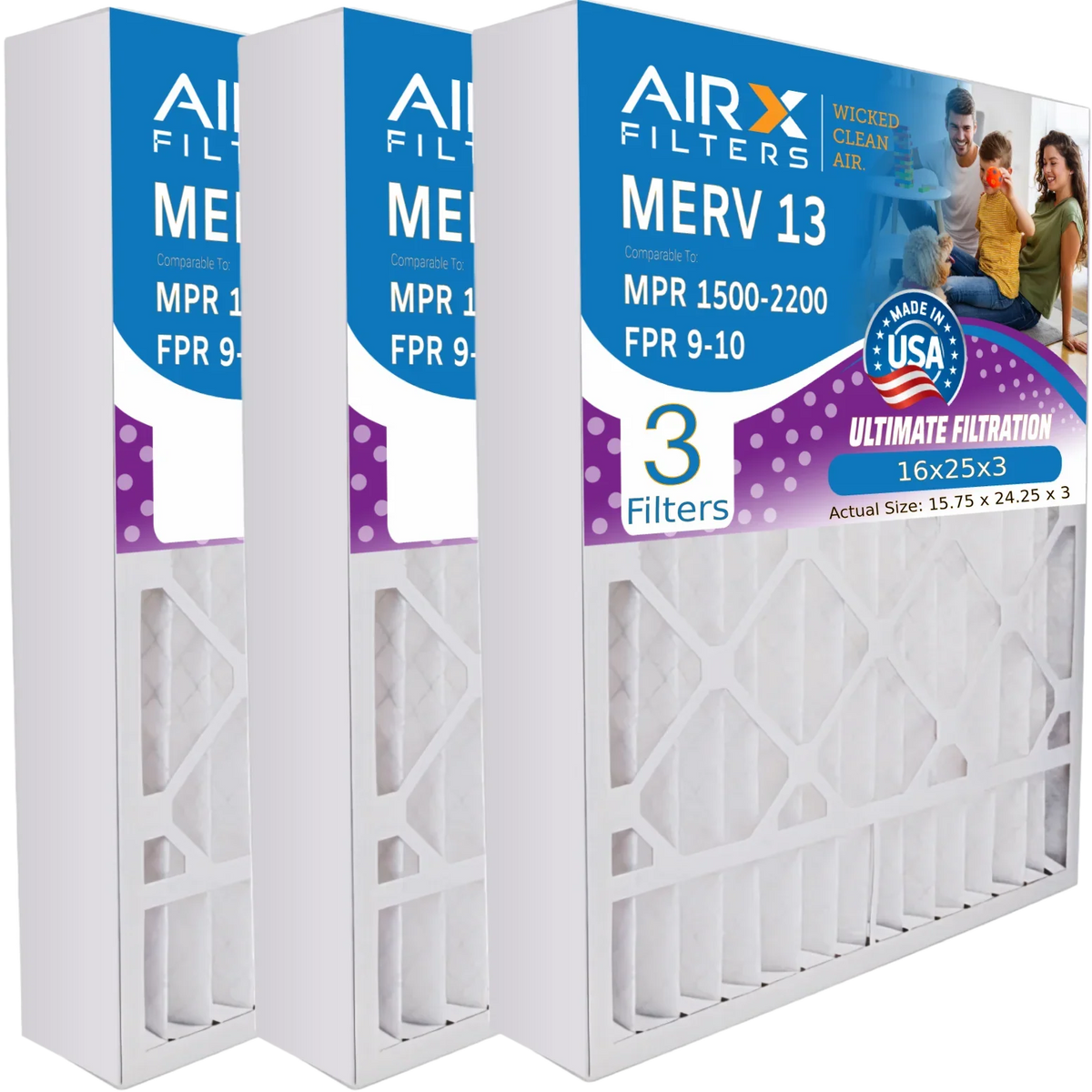 AIRX AIR. FPR 9 13 Premium 255649-101 Furnace MPR 1500 Filter Filter by to with 3 16x25x3 WICKED Compatible FILTERS CLEAN Comparable 16x25x3 Bear Made USA Air 2200 - Pack Air MERV &