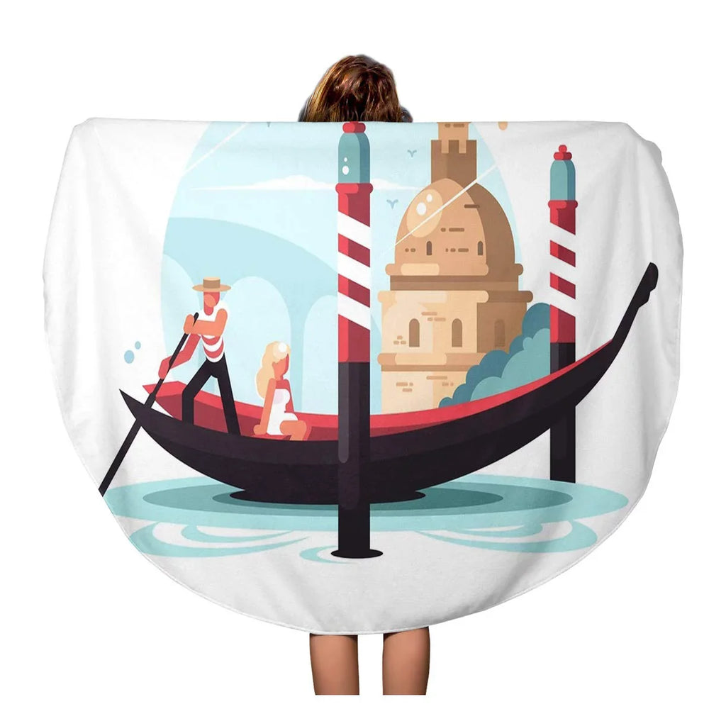 Kdagr 60 Inch Round Beach Towel Blanket Venice Gondolier Transports Woman In Gondola Flat Italy Boat Travel Circle Circular Towels Mat Tapestry Beach Throw