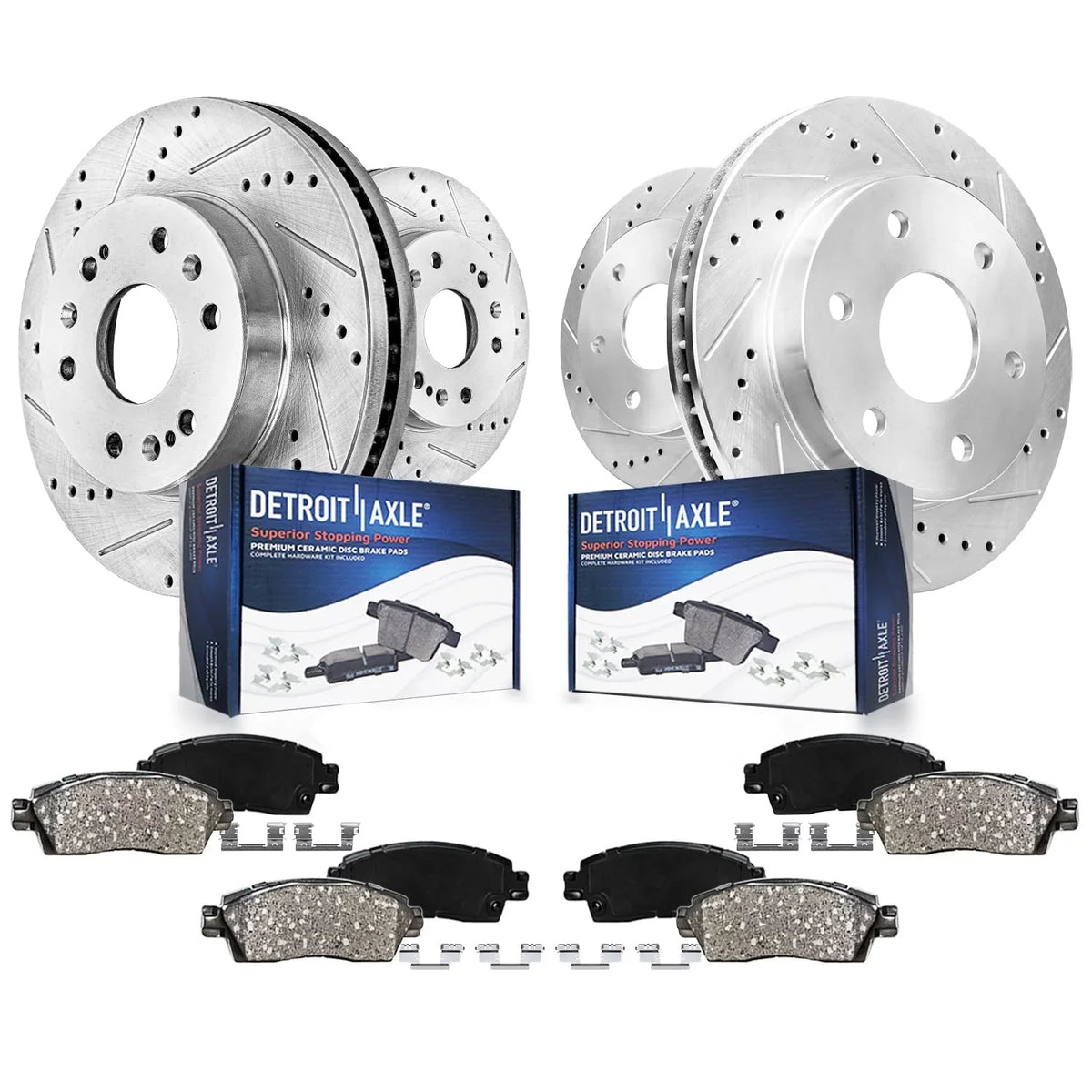 Detroit Axle - Brake Kit For Chevy Gmc Silverado Sierra 1500 Suburban Yukon Xl Avalanche Tahoe Cadillac Escalade Esv Ext Drilled & Slotted Brake Rotors Ceramic Brakes Pads Front And Rear