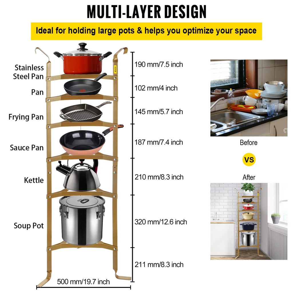 Unassembled Kitchen Copper Stand, Kettles Steel Tower, Rack Pot Rack, Corner Cookware SKYSHALO Storage Pots, Shelf, Cookware Cookware Storage Carbon Pans, 6-Tier Multi-Layer for Baskets Shelf 61-inch