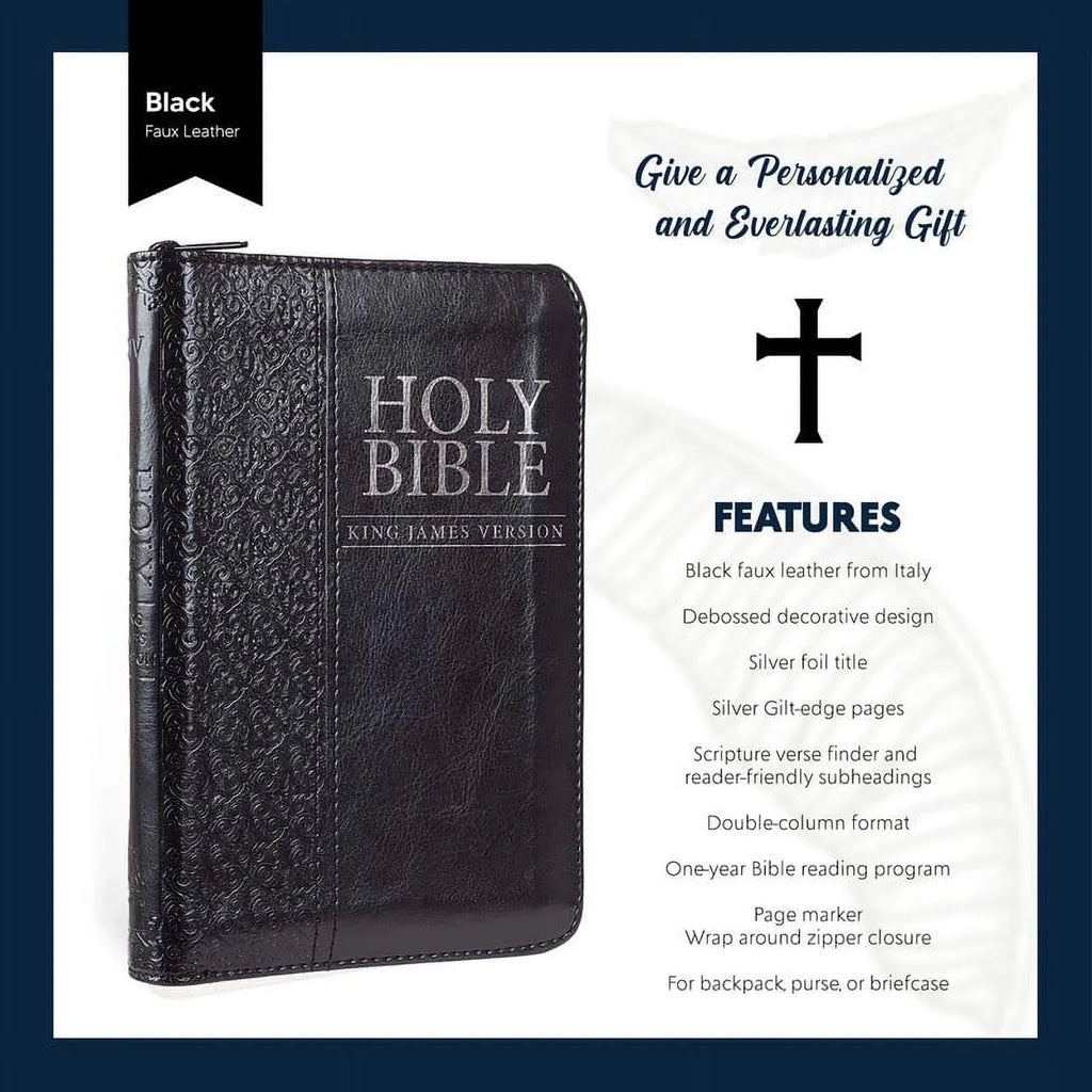 Travel Of Pocket briefcase Ideal King Personalized To Bible Compact with Black Text Name James Custom with Bible for Leather Zipper or backpack, purse, KJV Faux | Holy Closure in - 3 Up Version Rows