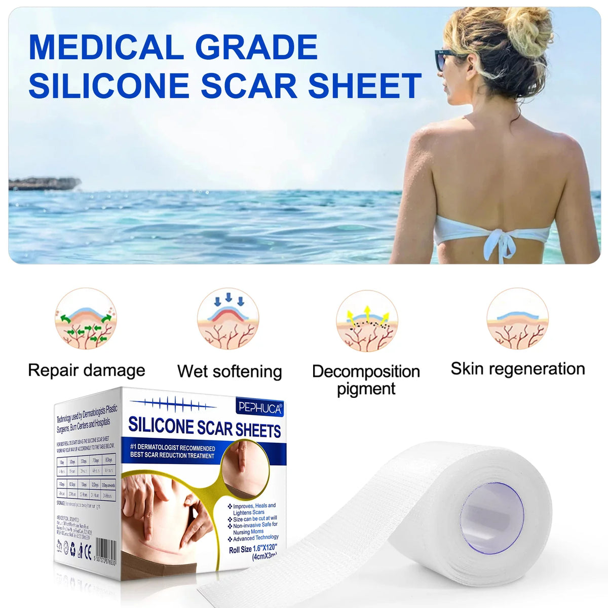 Scar Sheets,Reusable Scar Supply,Transparent Silicone Silicone 2 Pephuca 1.6inch - 6 x Months for and Pack Grade Removal,120inch Medical Breathable Roll Gel Tape Reusable