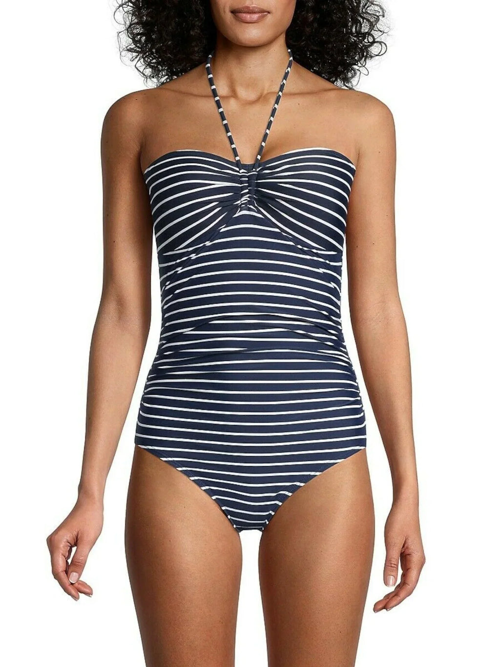 TOMMY Women's Cup Coverage Neck HILFIGER Swimsuit Tie One 4 Piece Stretch Striped Molded Bandeau Navy Moderate Lined