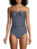 TOMMY Women's Cup Coverage Neck HILFIGER Swimsuit Tie One 4 Piece Stretch Striped Molded Bandeau Navy Moderate Lined