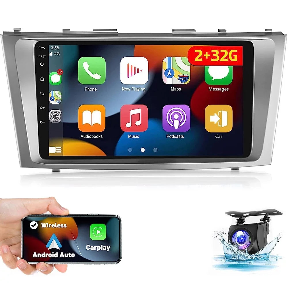 Carplay Podofo 1080P Link Wireless Touchscreen 2+32G Backup FM 9'' Bluetooth, Android WIFI Stereo for Mirror AHD GPS Radio Camry HD Car Hifi 2006-2011 Auto Camera