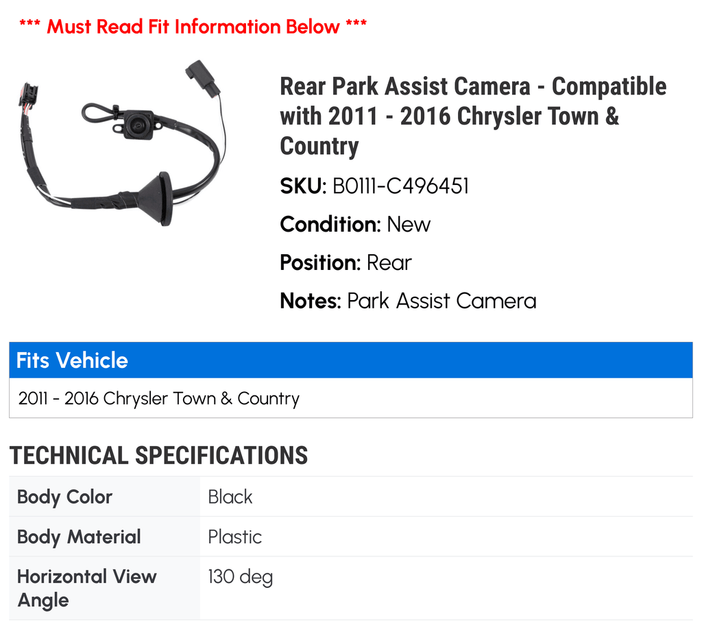 Rear 2014 - Country Town & Compatible with 2011 2015 2016 Park 2012 - 2013 Chrysler Camera Assist