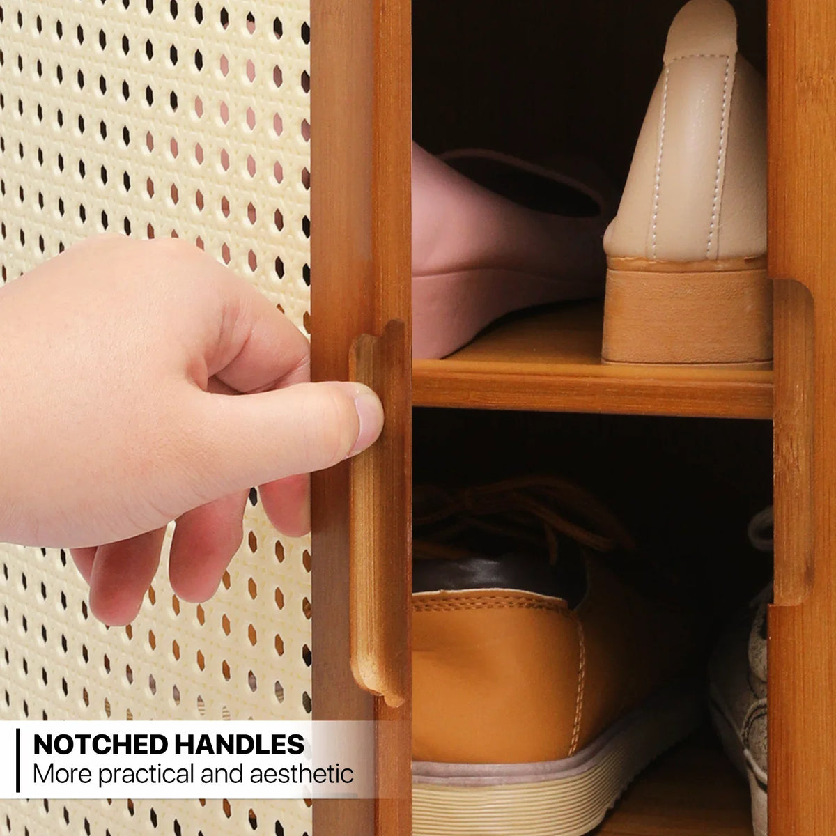 20 MoNiBloom ABS Storage Organizer with Cabinet Brown Shoe with Bamboo Cabinet, Wide Pairs Rattan Sneakers and Shelves, Heels Shoe 6-Tiers Rack Doors, Countertop